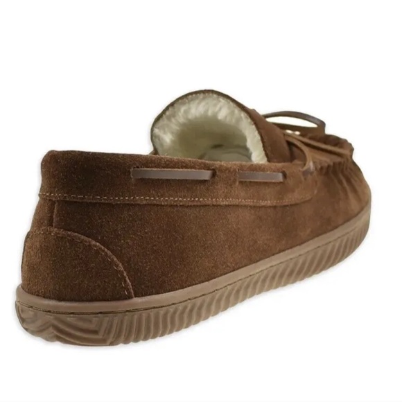 Mens Moccasin Slippers Genuine Suede Brown Indoor Outdoor Soles 7/8 - Picture 3 of 5